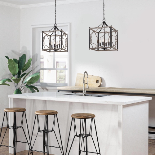 4-Light Wood Square Cage Chandelier for Kitchen Island