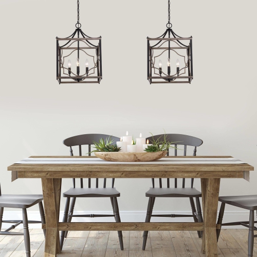 4-Light Wood Square Cage Chandelier for Kitchen Island
