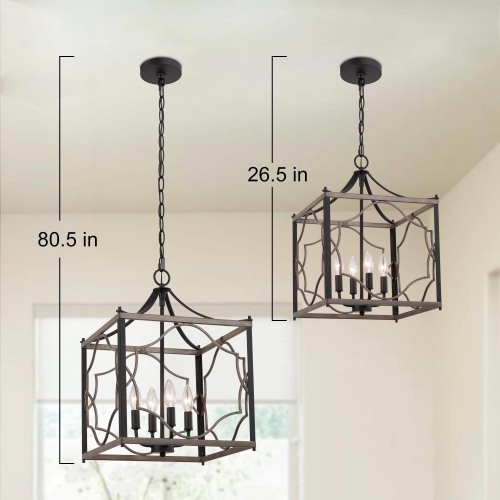 4-Light Wood Square Cage Chandelier for Kitchen Island