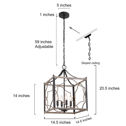 4-Light Wood Square Cage Chandelier for Kitchen Island