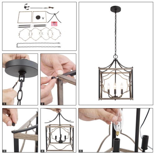 4-Light Wood Square Cage Chandelier for Kitchen Island