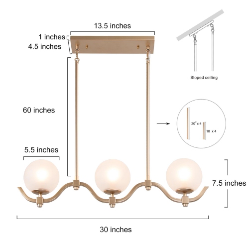 3-Light 30" Linear Frosted Glass Gold Chandelier