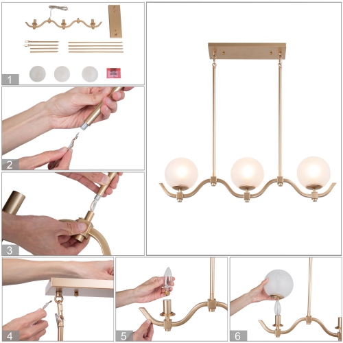 3-Light 30" Linear Frosted Glass Gold Chandelier