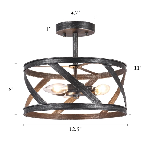 Modern 3-Light Drum Speckled Black Semi Flush Mount