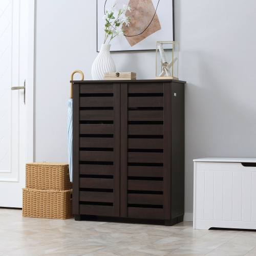 HOMCOM – Armoire à chaussures étroite avec 2 portes à lattes, armoire de rangement moderne pour chaussures avec tablettes réglables pour entrée,
