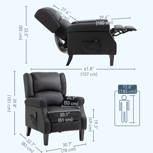 HOMCOM Fauteuil inclinable de massage pour salon, fauteuil inclinable avec repose-pieds extensible, télécommande, poche latérale, noir