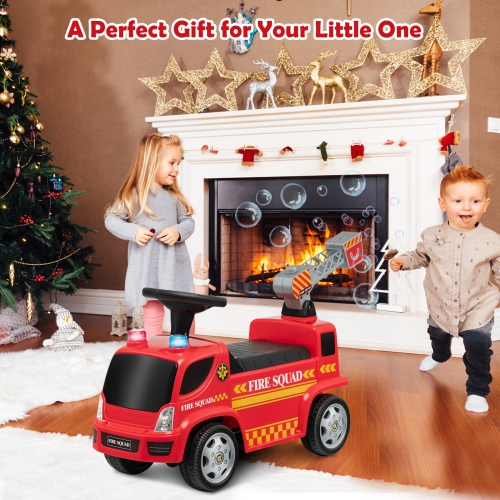 Costway Kids Ride On Fire Truck Foot-to-Floor Sliding Push Car w/ Music & Bubble Maker