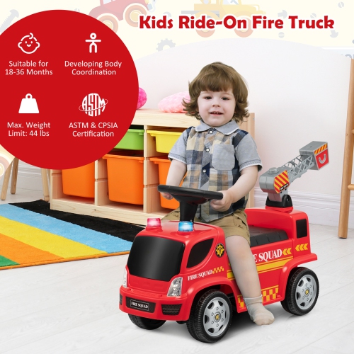 Costway Kids Ride On Fire Truck Foot-to-Floor Sliding Push Car w/ Music & Bubble Maker