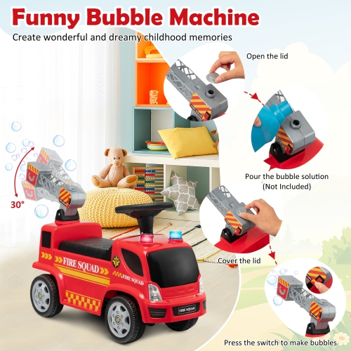 Costway Kids Ride On Fire Truck Foot-to-Floor Sliding Push Car w/ Music & Bubble Maker