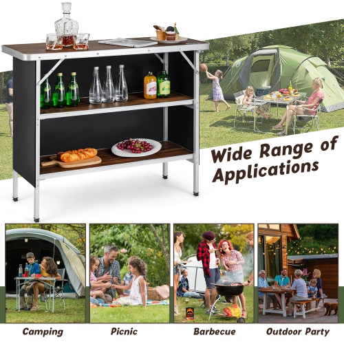 Costway Folding Camping Table Aluminum Portable Picnic Table with 2-Tier Shelves
