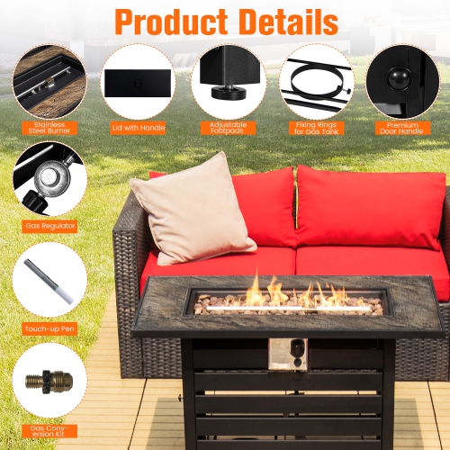 Costway 42" Rectangular Propane Fire Pit Table 50,000 BTU W/ Lava Rocks & PVC Cover