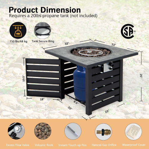 Costway 32" Square Propane Fire Pit Table for Patio w/Lava Rocks Rain Cover 50,000 BTU