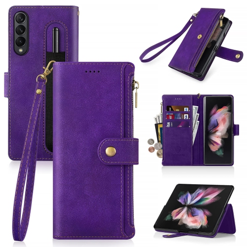 Image 1 de 7.. Antrobuste pour Galaxy Z Fold 3 5G de Samsung avec porte-stylet S-Pen, étui folio en cuir de polyuréthane rabat protecteur avec fente pour poignet