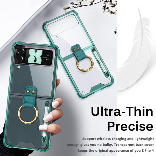 Miimall Compatible with Samsung Z Flip 4 Case with Ring Holder, Galaxy Z Flip 4 Case with S Pen, Hard PC & Transparent TPU S