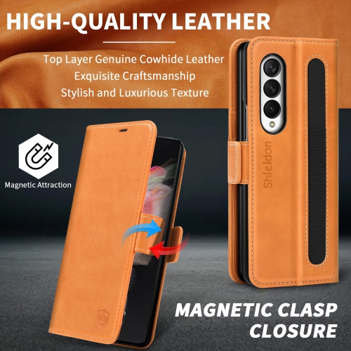 SHIELDON Galaxy Z Fold 3 Case, Galaxy Z Fold 3 Wallet Case, Genuine Leather Flip Magnetic Book Design with S Pen Holder, Cre