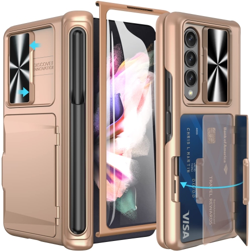 Vihibii for Samsung Galaxy Z Fold 3 Case with S Pen Holder & Hinge Protection, Credit Card Slot Kickstand Design, Slide Came