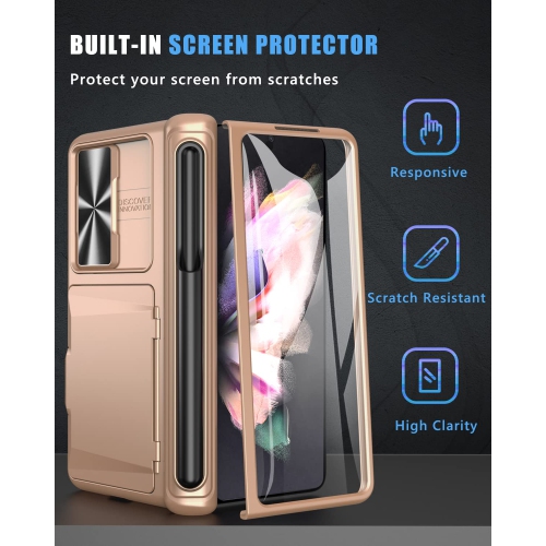 Vihibii for Samsung Galaxy Z Fold 3 Case with S Pen Holder & Hinge Protection, Credit Card Slot Kickstand Design, Slide Came