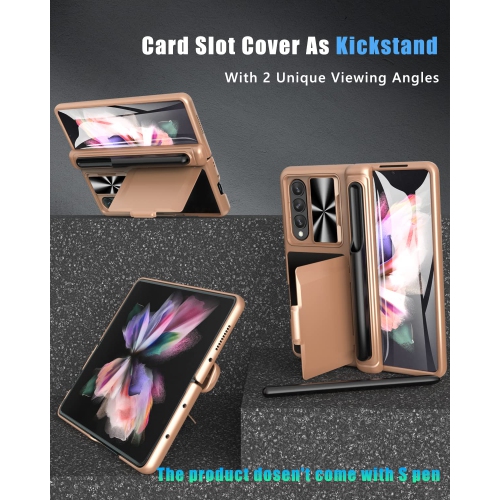 Vihibii for Samsung Galaxy Z Fold 3 Case with S Pen Holder & Hinge Protection, Credit Card Slot Kickstand Design, Slide Came