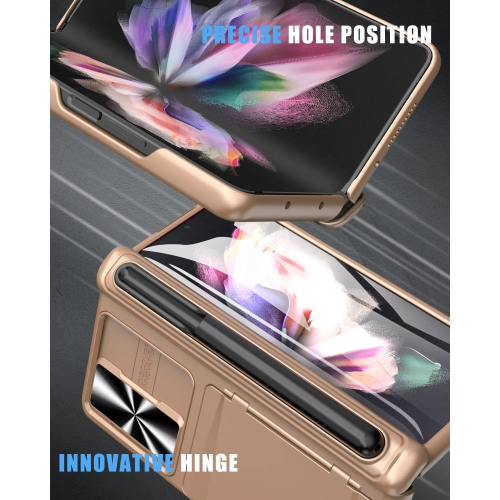 Vihibii for Samsung Galaxy Z Fold 3 Case with S Pen Holder & Hinge Protection, Credit Card Slot Kickstand Design, Slide Came