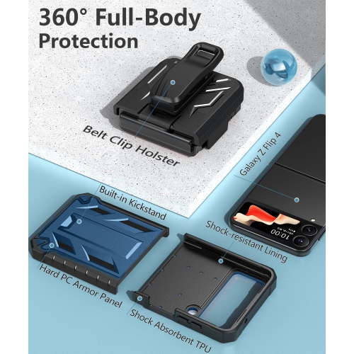 for Samsung Z Flip 4 Case: Military Grade Protection Shockproof Cell Phone Case with Kickstand & Holster | Protective Drop P