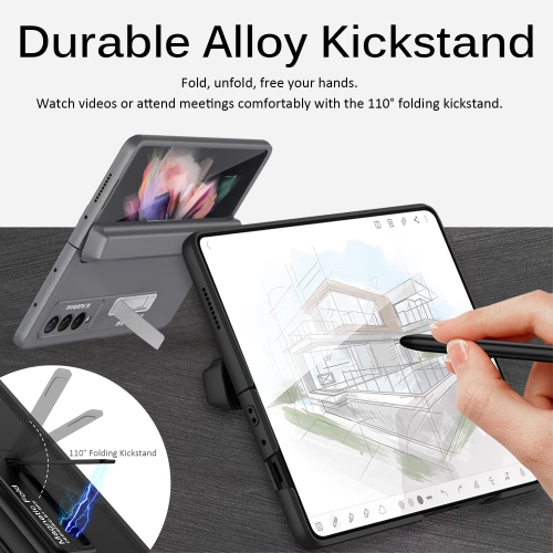 Miimall Compatible Samsung Z Fold 3 Case with Pen Holder, Galaxy Z Fold 3 Case with Hinge Protector, Built-in Screen Protect