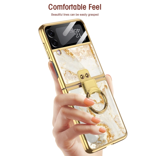 SHIEID Samsung Z Flip 3 Case, Z Flip 3 Case with Ring Phone Case, Electroplating Color Painting Tempered Glass Protective Co