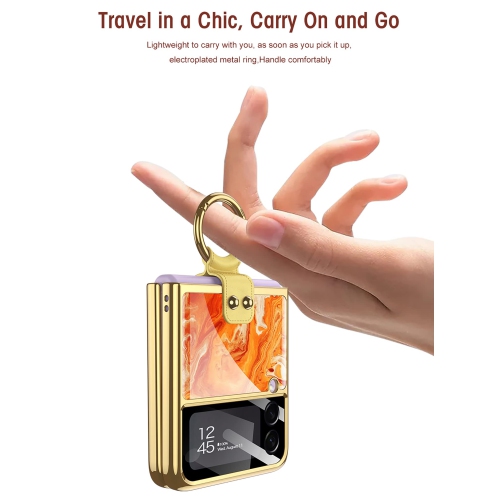 SHIEID Samsung Z Flip 3 Case, Z Flip 3 Case with Ring Phone Case, Electroplating Color Painting Tempered Glass Protective Co