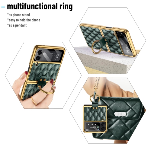 HJCMikee for Galaxy Z Flip 3 Ring Stand Case, ZFlip3 Luxurious Pu Leather Cover Case with Back Screen Protector for Samsung