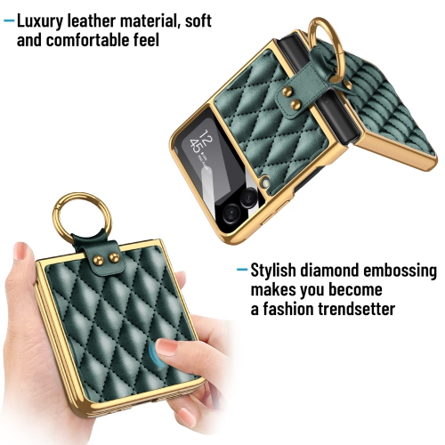 HJCMikee for Galaxy Z Flip 3 Ring Stand Case, ZFlip3 Luxurious Pu Leather Cover Case with Back Screen Protector for Samsung