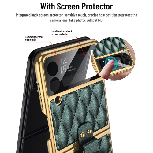 HJCMikee for Galaxy Z Flip 3 Ring Stand Case, ZFlip3 Luxurious Pu Leather Cover Case with Back Screen Protector for Samsung