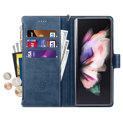 Antsturdy for Samsung Galaxy Z Fold 3 5G Wallet Case with S Pen Holder,PU Leather Folio Flip Protective Cover Slot Wrist Str