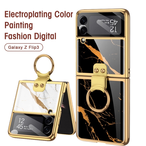 SHIEID Samsung Z Flip 3 Case, Z Flip 3 Case with Ring Phone Case, Electroplating Color Painting Tempered Glass Protective Co