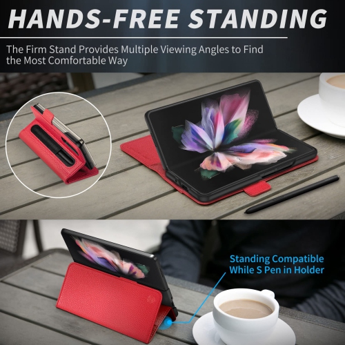 Étui portefeuille de SHIELDON pour Galaxy Z Fold4, étui folio en cuir véritable pleine fleur avec porte-stylet S, béquille, blocage RFID C.