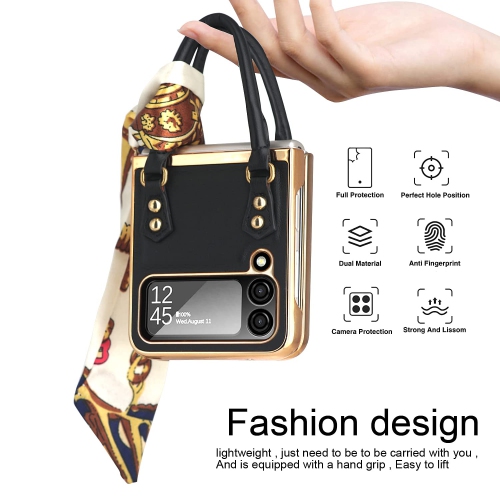 Leather Case for Samsung Galaxy Z Flip 4 with a Hand Grip, Galaxy Z Flip 4 Case with Silk Scarf Chain Wrist Strap Phone Case