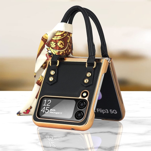 Leather Case for Samsung Galaxy Z Flip 4 with a Hand Grip, Galaxy Z Flip 4 Case with Silk Scarf Chain Wrist Strap Phone Case