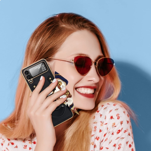 Leather Case for Samsung Galaxy Z Flip 4 with a Hand Grip, Galaxy Z Flip 4 Case with Silk Scarf Chain Wrist Strap Phone Case