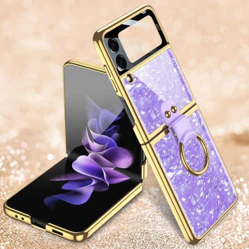 SHIEID Samsung Z Flip 3 Case with Ring, Electroplated Pearl Shell with Ring Galaxy Z Flip 3 Case Protective Case Designed fo