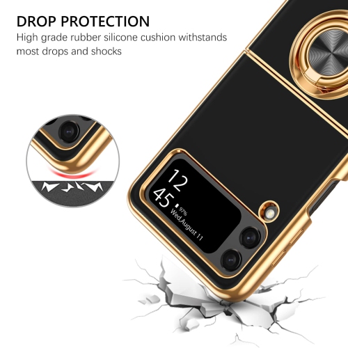 GUAGUA Case for Samsung Galaxy Z Flip 4 5G Flexible Soft TPU Plating Cover with 360 Rotating Ring Holder Kickstand Shockproo