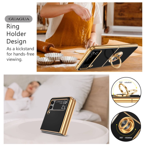 GUAGUA Case for Samsung Galaxy Z Flip 4 5G Flexible Soft TPU Plating Cover with 360 Rotating Ring Holder Kickstand Shockproo