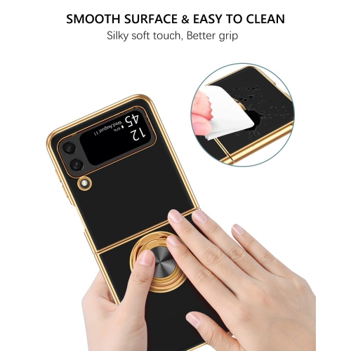 GUAGUA Case for Samsung Galaxy Z Flip 4 5G Flexible Soft TPU Plating Cover with 360 Rotating Ring Holder Kickstand Shockproo
