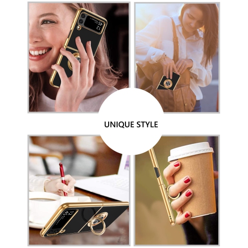 GUAGUA Case for Samsung Galaxy Z Flip 4 5G Flexible Soft TPU Plating Cover with 360 Rotating Ring Holder Kickstand Shockproo