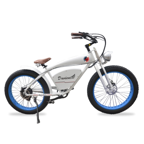 Demon Electric Davient 500W 26-in Vintage Cruiser Fat-Tire Electric Bike, 40-55km Battery Range, TEKTRO Hydraulic Brakes, SHIMANO 7 Speed Gear - Whit