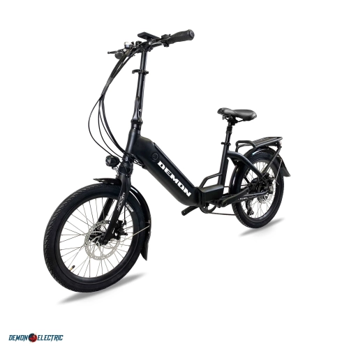 Demon Electric Rebel 250W 20-in Foldable Electric Bike, 40-50km Battery Range, Tektro Mechanical Brakes, Low Profile, Cargo Rack, Black
