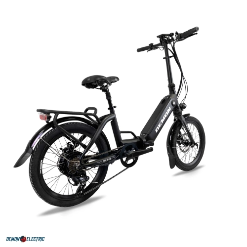 Demon Electric Rebel 250W 20-in Foldable Electric Bike, 40-50km Battery Range, Tektro Mechanical Brakes, Low Profile, Cargo Rack, Black