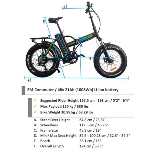 EM-Commuter eBike - Folding Fat Tire City and Trail Bike with 500 Watts and Long Range Battery up to 120km Range 1008Wh(21Ah)