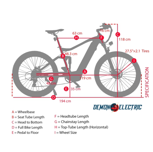 Demon Electric Outlaw 350W 27.5" Mountain Electric Bike, 48V E-Bike Mid Motor, 50-60km Range, TEKTRO Hydraulic E-Bike Brakes, Front & Rear Gas