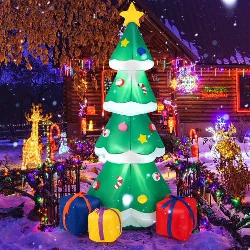TOPBUY  6 Ft Inflatable Christmas Tree Blow Up Xmas Tree W/ Treetop Star Colorful Candy Gift Box Built-In Bright Led Lights Indoor Outdoor