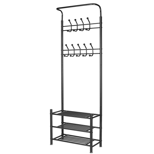 Porte-vêtements multifonctionnel Porte-vêtements Porte-manteau d'entrée en métal Banc à chaussures à 3 niveaux avec 18 crochets, assemblage facile