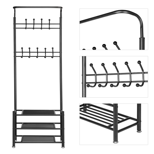 Porte-vêtements multifonctionnel Porte-vêtements Porte-manteau d'entrée en métal Banc à chaussures à 3 niveaux avec 18 crochets, assemblage facile