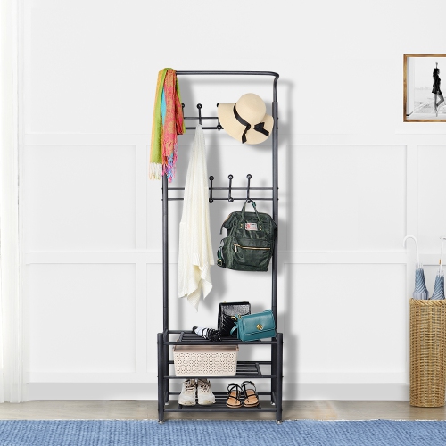 Porte-vêtements multifonctionnel Porte-vêtements Porte-manteau d'entrée en métal Banc à chaussures à 3 niveaux avec 18 crochets, assemblage facile